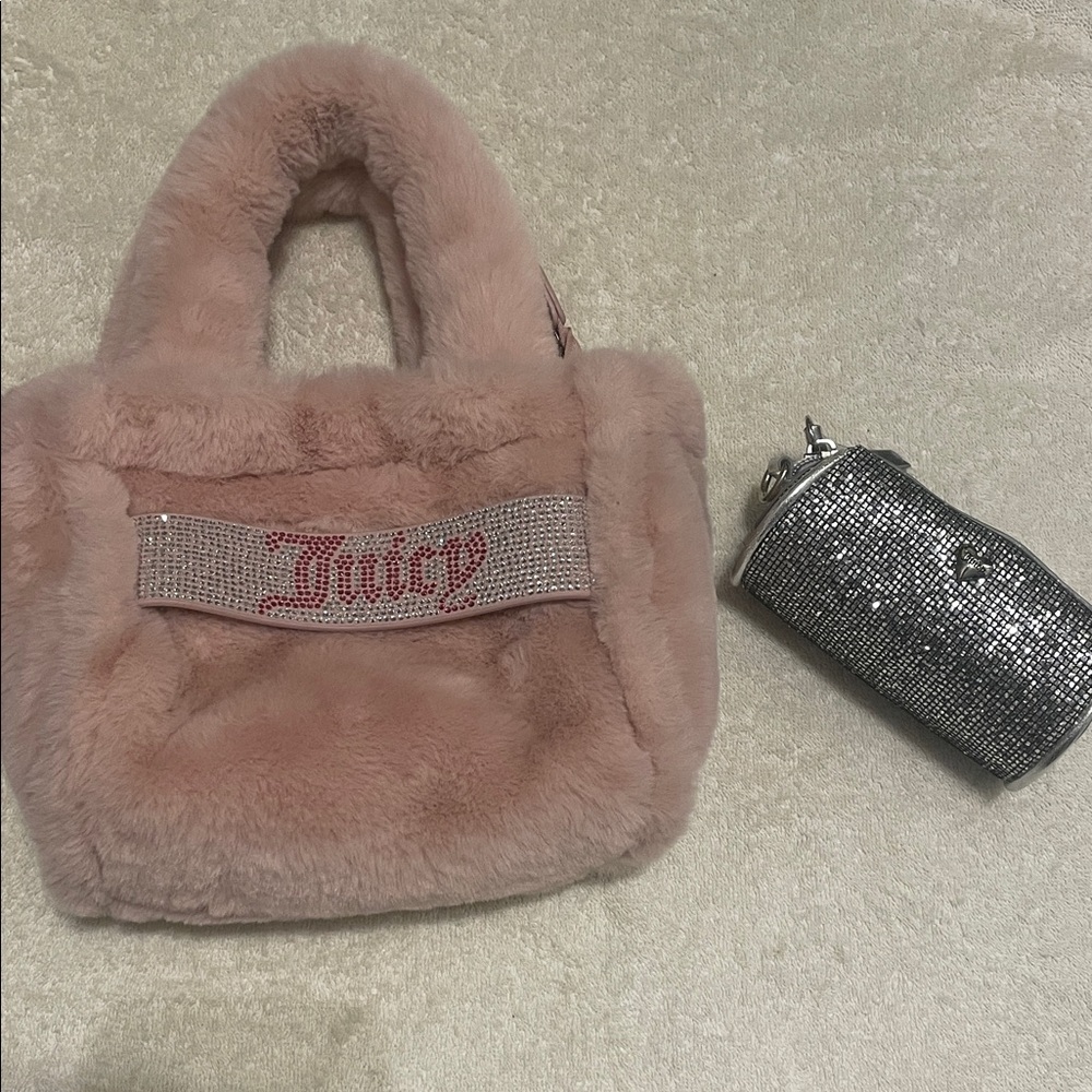 Juicy Couture Blush Pink Faux Fur Tote with Metallic Silver Pouch
